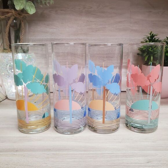 4 Tropical Highball Glasses Set Vintage 6 1/4" Pink Green Blue Purple Palm Trees - Picture 1 of 12